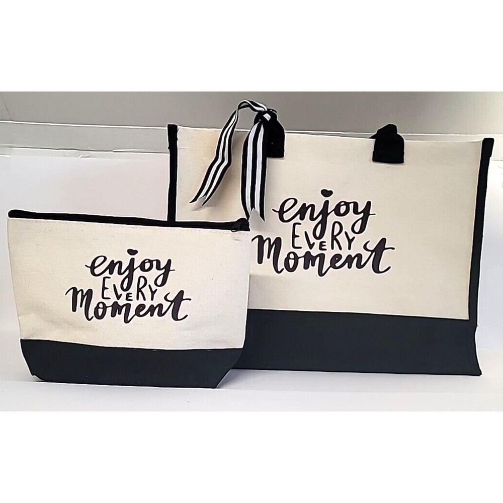 "Enjoy Every Moment" Black & Cream Canvas Tote Bag & Makeup Bag W/ Ribbon Accent